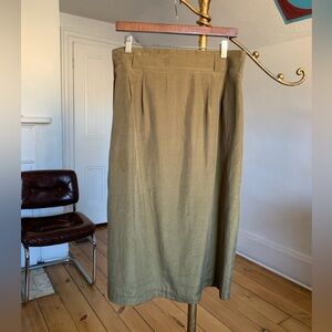 Vintage 80s 100% Silk Olive Bronze Midi Skirt | SK & Company Deadstock NOS Lg